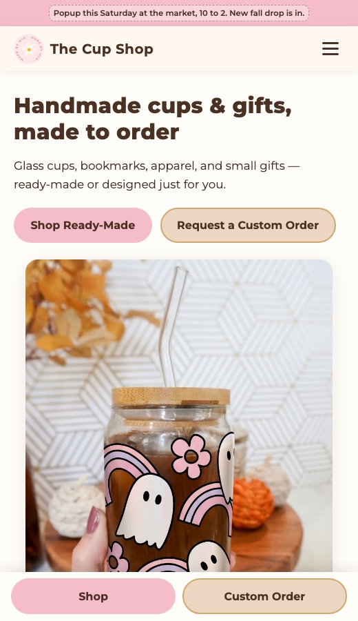 The Cup Shop sample storefront: handmade cups and gifts
