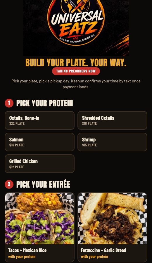 Universal Eatz order page on a phone: pick your protein, pick your entrée